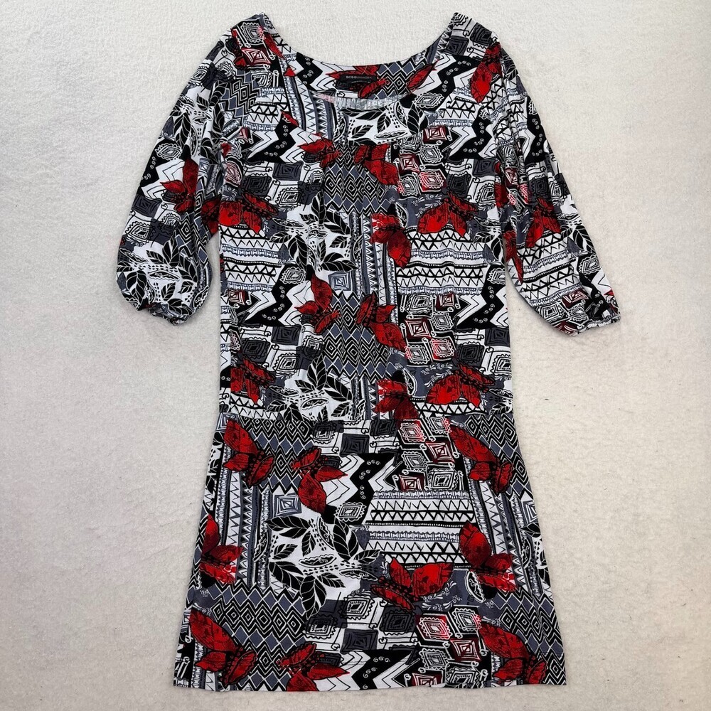 BCBGMAXAZRIA Women's Red Black Abstract Floral Geometric 3/4 Sleeve Sheath Sz M